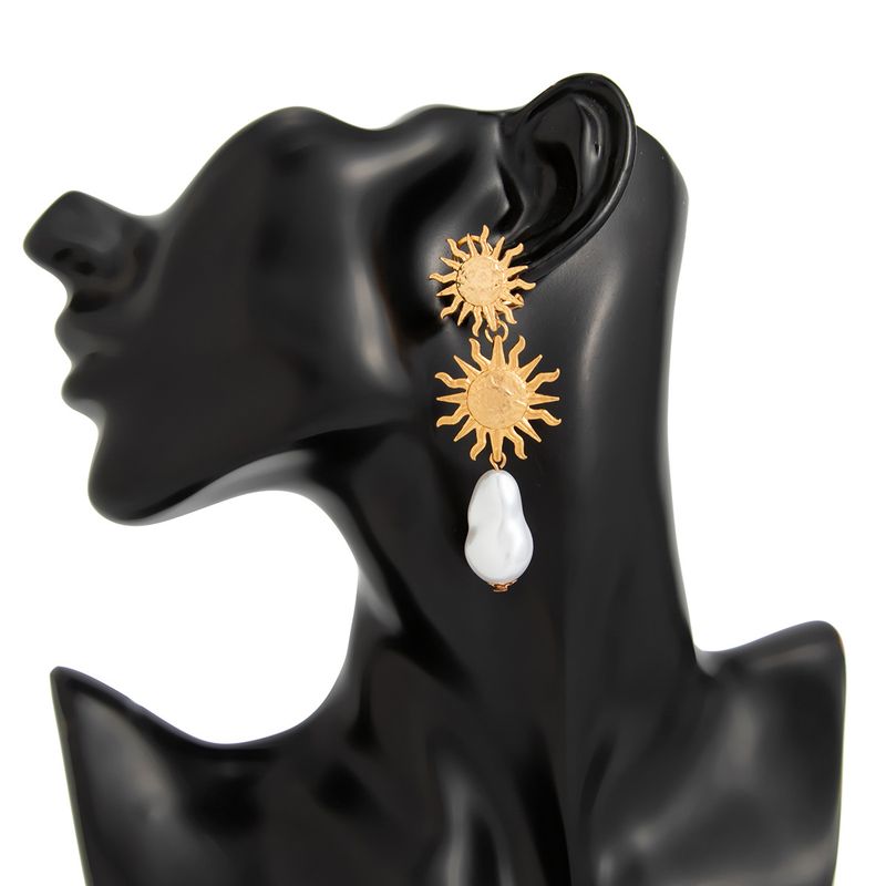 Orecchini pendenti con perle e girasole plissettati, linea di moda Ins, clip per orecchini a clip_voghion.com