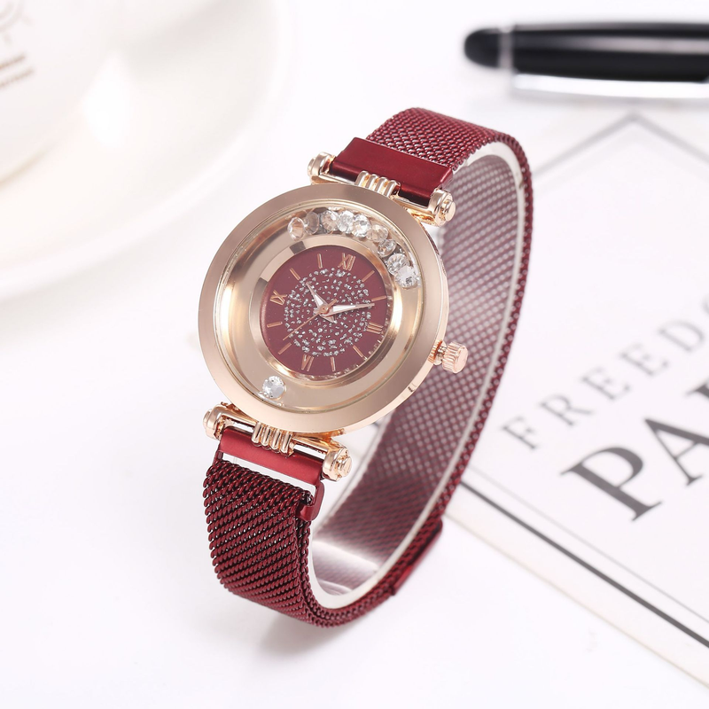 Cost performance full diamond ball quicksand women's mesh quartz ultra-thin Roman digital magnet watch_voghion.com