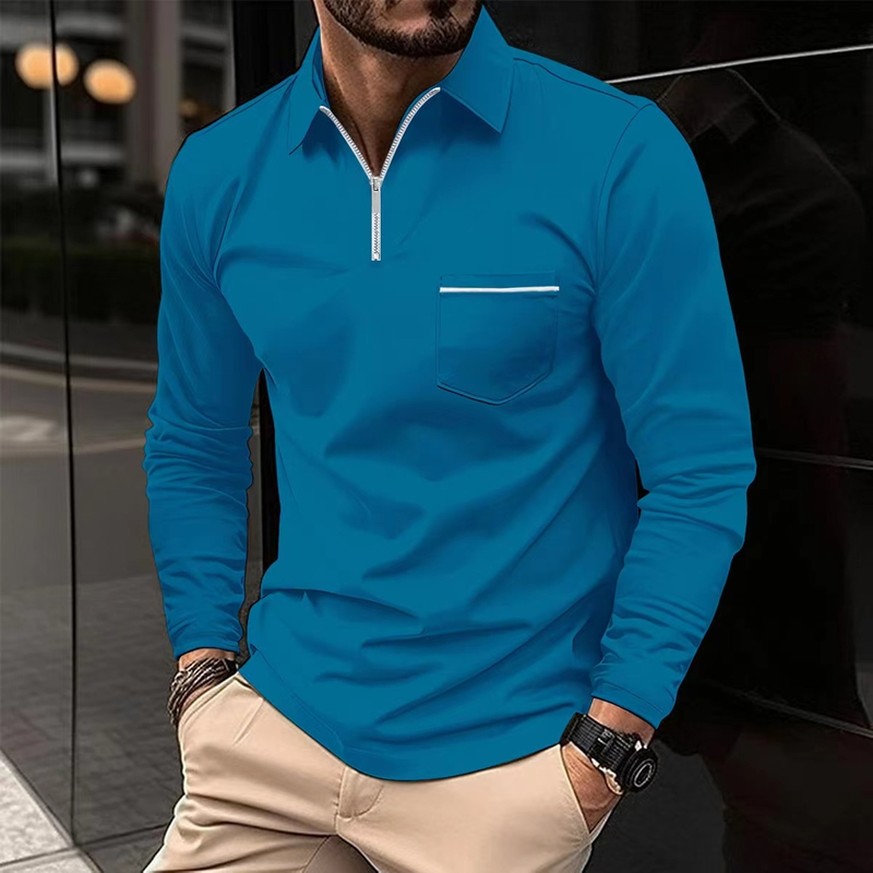 Adatto a tutte le stagioni, polo sportivo a maniche lunghe da uomo con tasca con cerniera, autunno._voghion.com