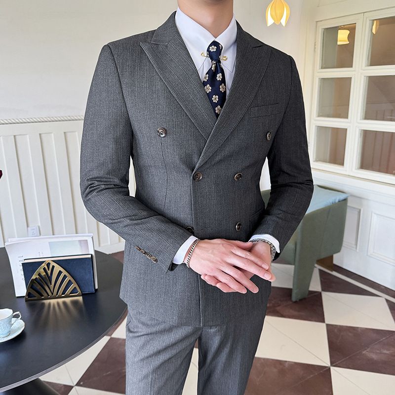 CT New Men's Formal With Peak Lapel, Double-Breasted Texture Striped Groom's Three-Piece Suit_voghion.com