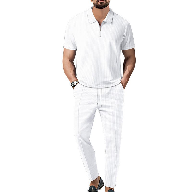 2025 Frühling und Herbst Neue Herren Einfarbig Anzug Waffel Kragen Kurzarm Zipper Lange Hosen Set_voghion.com