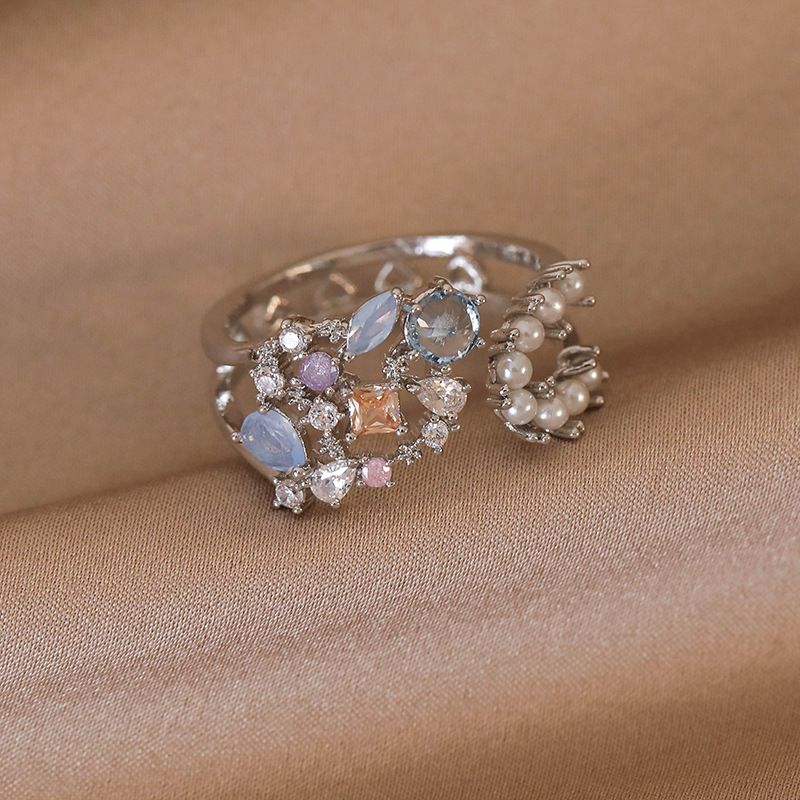 Fashion New Simple All-match Ring Ring Pearl Flower Zircon Irregular Opening Design Adjustable Ring_voghion.com