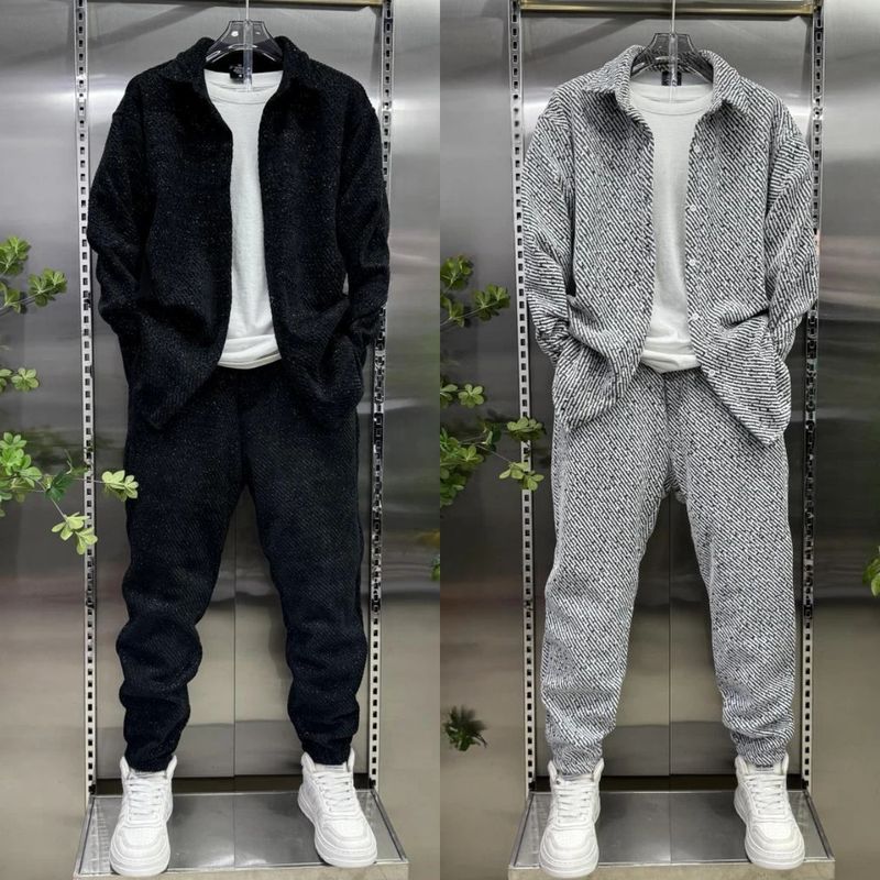 Completo da uomo casual primaverile con camicia e pantaloni, comodo e ampio, camicia a maniche lunghe e pantaloni, elegante completo coordinato (nero/bianco grigio, taglie dalla M alla 3XL)_voghion.com