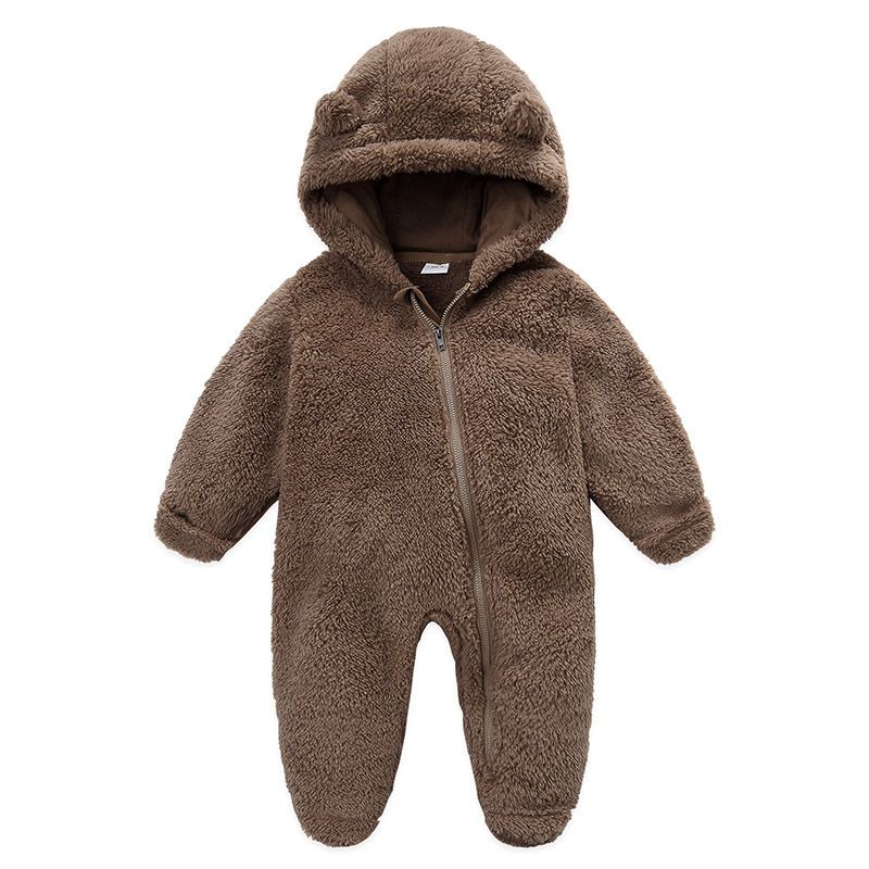 Soft Fleece Hooded Baby Jumpsuit With Mittens - Unisex Cartoon Style Infant Romper For Newborns - Cozy Zipper Closure, Long Sleeve, Neutral Colors_voghion.com