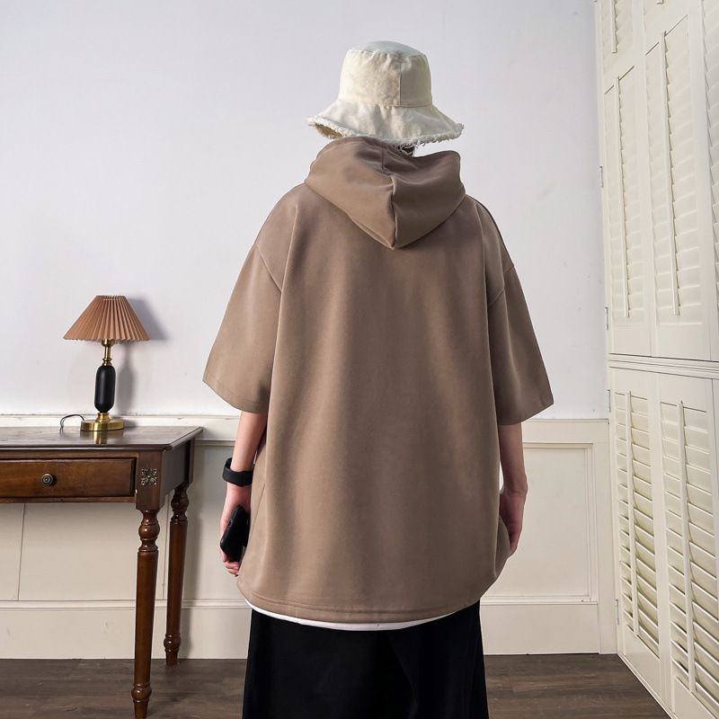 Maglietta con cappuccio da uomo a maniche corte e medie, estiva, per ragazzi, casual, sottile, a tinta unita, a maniche corte_voghion.com