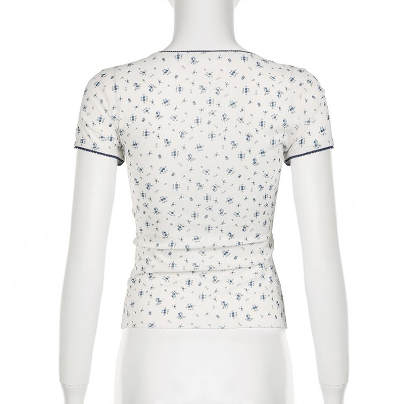 waarme Verkaf IAMSURE Séiss léif Spitzenbezuch Blummen T-Shirt Sexy Schlank Patchwork Quadratkragen Kuerzärm T-Shirts Fraen 2024 Summer_voghion.com