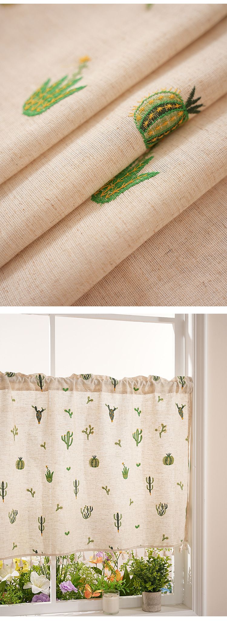 Türvorhang mit Kaktus-Stickerei – Boho-Chic-Stoffvolant für Küche, Bad und Schlafzimmer, leichter Sichtschutz im Leinen-Look, 3 Größen_voghion.com