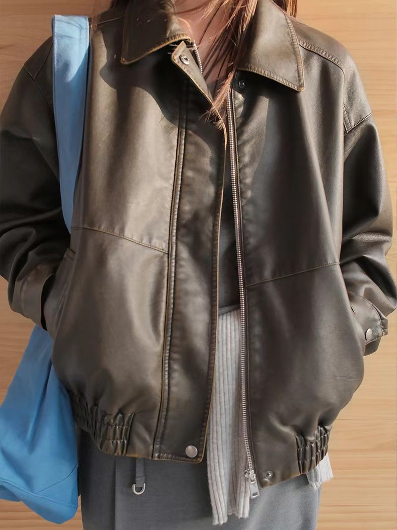 Women's Clothing Retro PU Leather Short Motorcycle Jacket For Women Autumn And Winter New Loose Leather Lapel Jacket_voghion.com