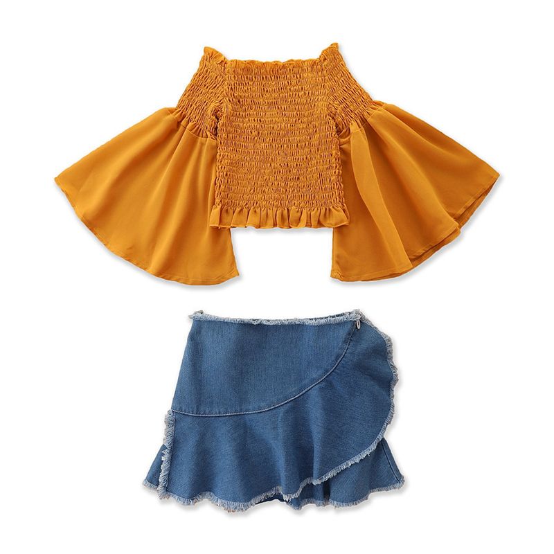 Grenzüberschreitende Kinderkleidung für Kinder im Frühlings- und Sommerstil, modischer Chiffon-One-Shoulder-Trompetenärmel-Top-Jeansrock-Mädchenanzug_voghion.com