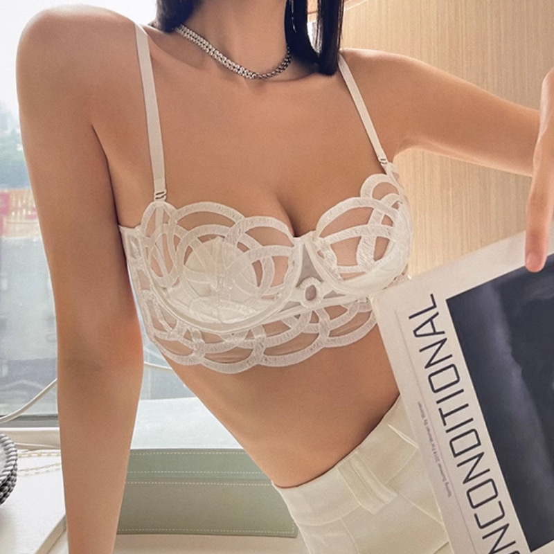 Conjunto de sujetador de lencería francesa para mujer, de malla fina y sexy, con gran pecho y una pequeña colección de pechos laterales fruncidos._voghion.com