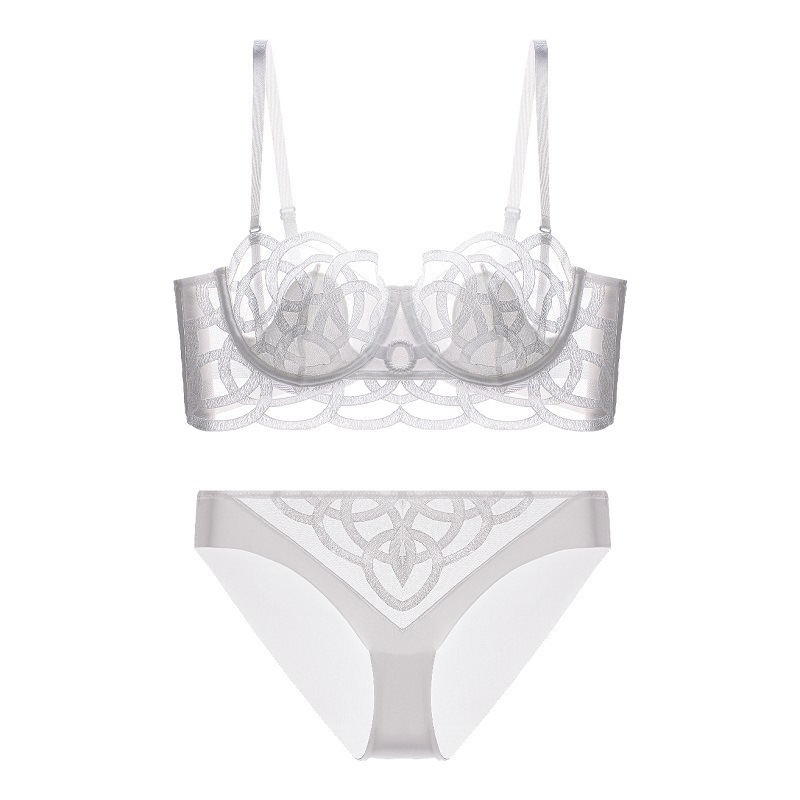Conjunto de sujetador de lencería francesa para mujer, de malla fina y sexy, con gran pecho y una pequeña colección de pechos laterales fruncidos._voghion.com