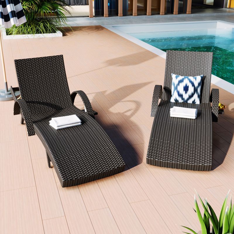 80'' Outdoor Wicker Chaise Lounge Chairs Set Of 2, Patio Rattan Reclining Chair Pull-out Side Table Adjustable Backrest Ergonomic Wave Design Pool Sunbathing Recliners_voghion.com