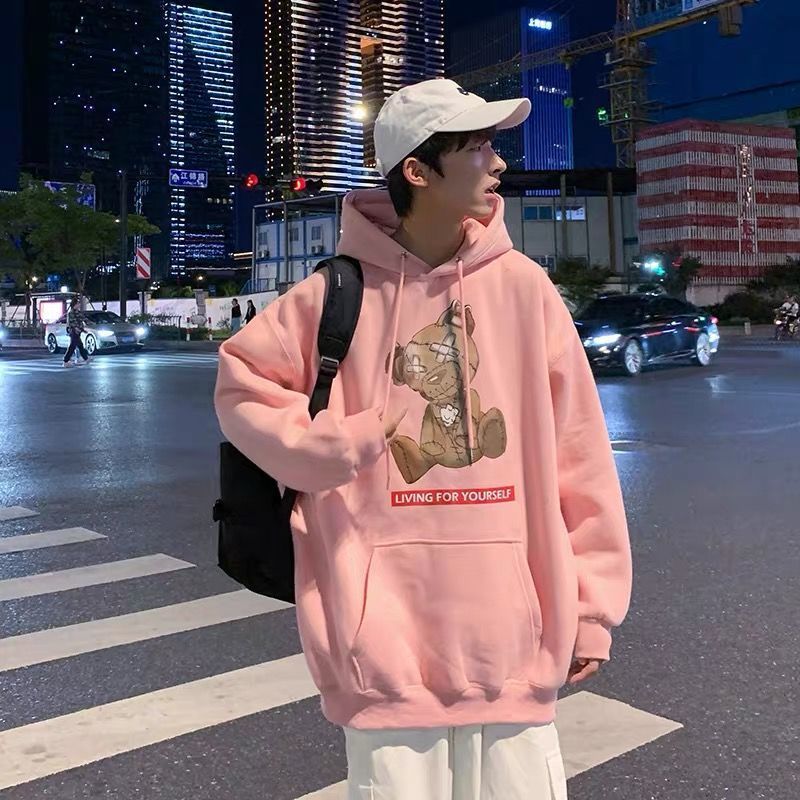 Felpa rosa autunnale per uomo, alla moda, con cappuccio, versione coreana, stile casual, in pile sottile, da uomo, moda 12_voghion.com