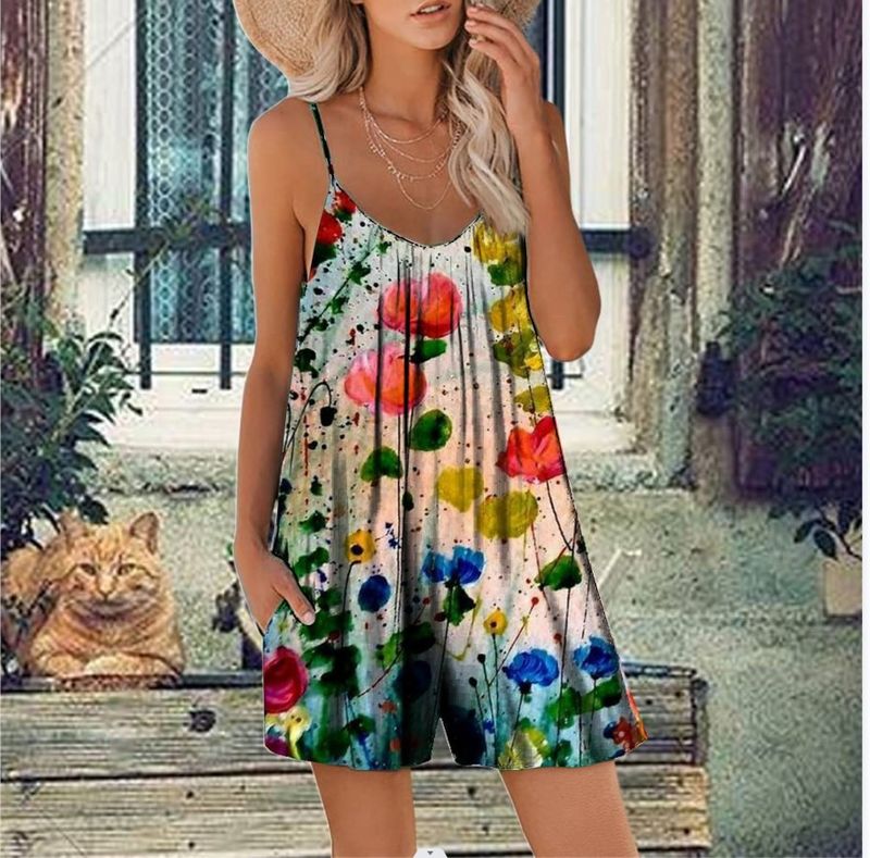 Stylowy damski kombinezon z krótkim rękawem – letni kombinezon bez rękawów z kwiatowym nadrukiem i kieszeniami bocznymi, luźny krój, wygodna, elastyczna tkanina (S-5XL)_voghion.com