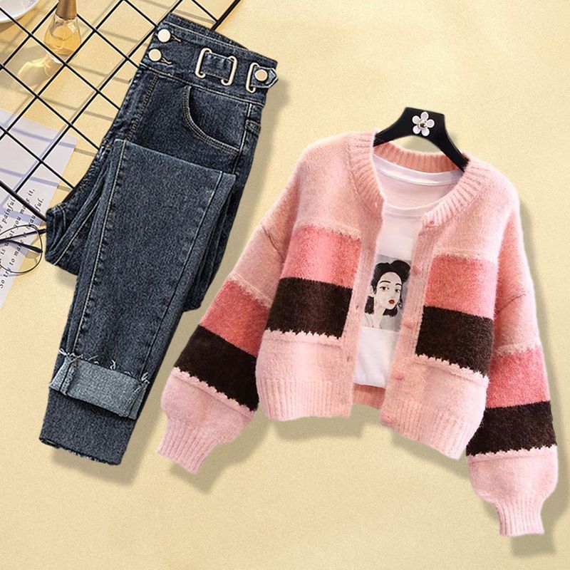 Conjunto de dos piezas para mujer: cárdigan de punto con bloques de color y vaqueros de cintura alta, conjunto informal inspirado en el té (M-4XL)_voghion.com