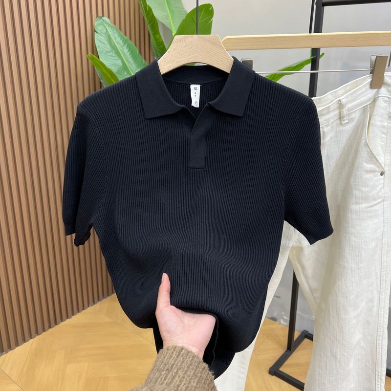 Maglione lavorato a maglia a maniche corte con scollo a V da uomo, colletto a gabbiano, stile business casual britannico, estivo, in seta ghiacciata_voghion.com