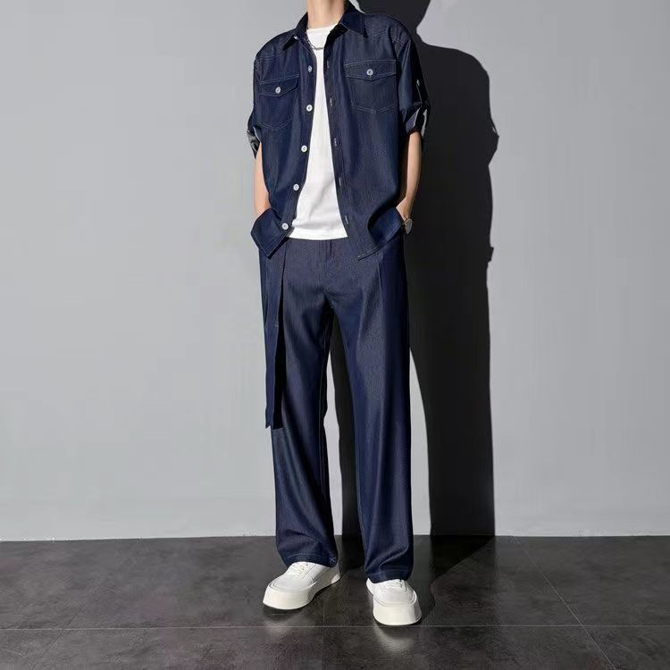 Men's Clothing Denim Shirt Suit Men's Five Point Sleeves Fashionable And Casual Loose Trendy Two Piece Suit_voghion.com