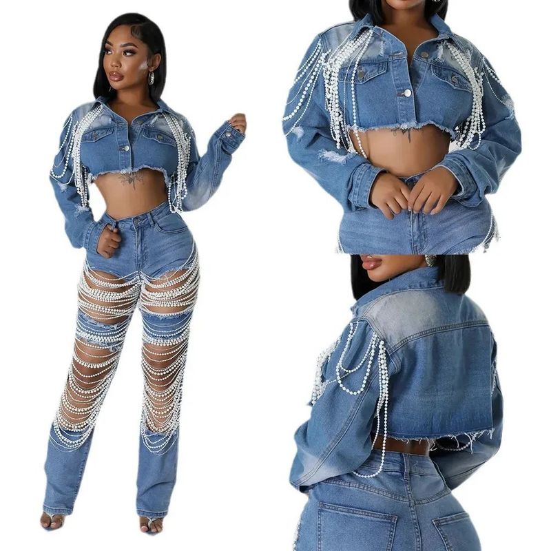 Women's Clothing Denim Jacket Women's Fashion Pearl Chain Handmade Beaded Denim Jacket_voghion.com