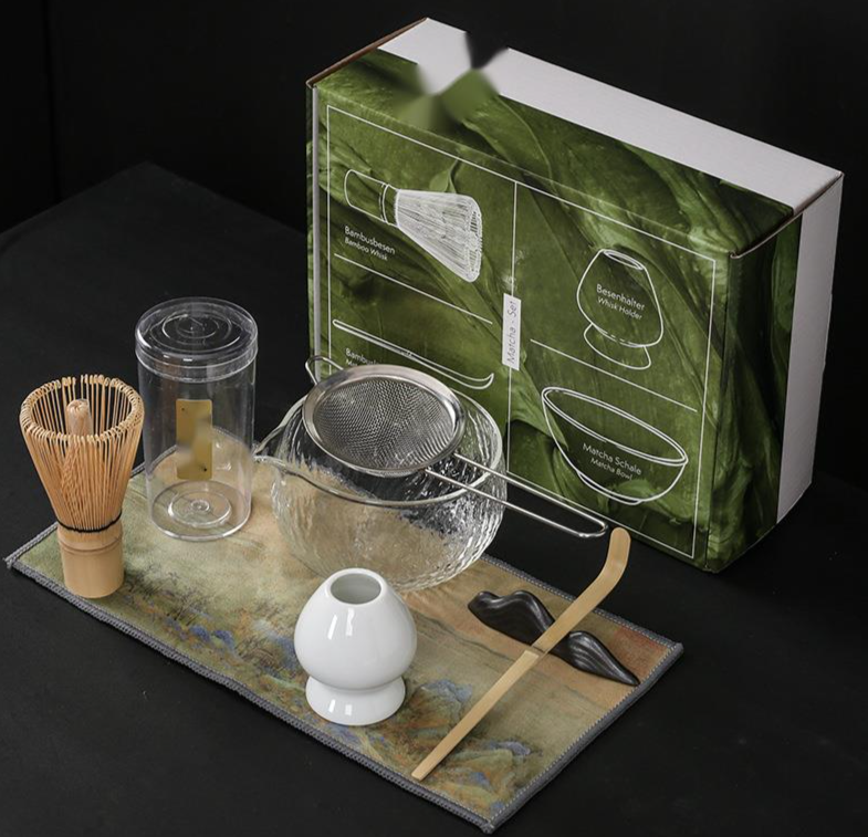 Glastee mit Farbbox, Schneebesen, Schüssel, Ständer, Matcha-Schaufel, komplettes Utensilienset_voghion.com