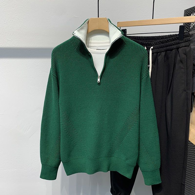 Neuer amerikanischer Retro-Rollkragenpullover für Herren im Herbst und Winter mit halbem Reißverschluss, vielseitiger Langarmpullover mit Bodenbildung_voghion.com