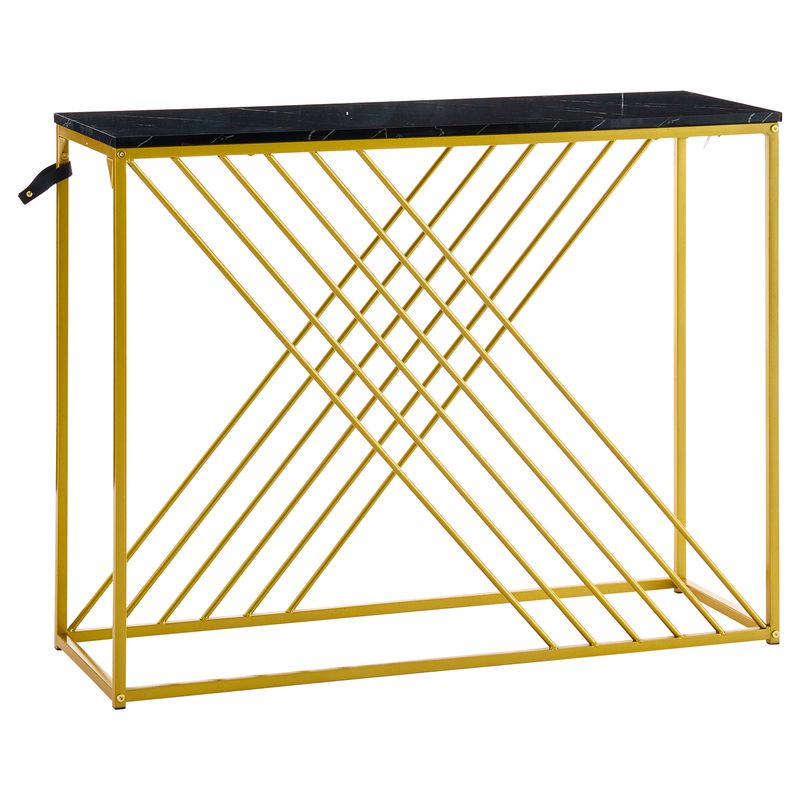 Console noire avec pieds dorés, 100 x 35 x 77 cm, table d'entrée en MDF brillant, table de couloir, buffet, table d'appoint, style vintage_voghion.com