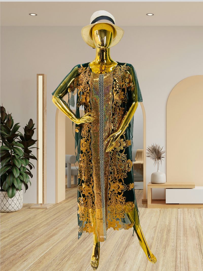 Large Size Chiffon Elegant Temperament Sequined Shawl Dress Traditional Ethnic Style Clothing_voghion.com