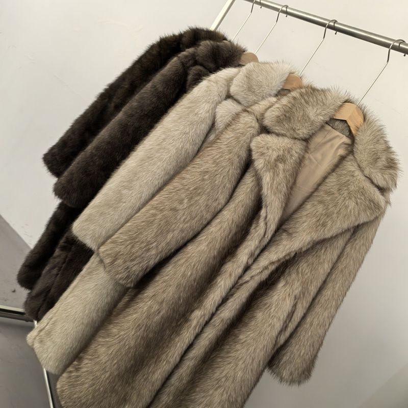 Damenbekleidung Hochwertiger Kunstpelz Umweltfreundlicher Damen Langer Kunstpelzmantel - Elegante Jacke Reverstaschen Individualisierbar_voghion.com