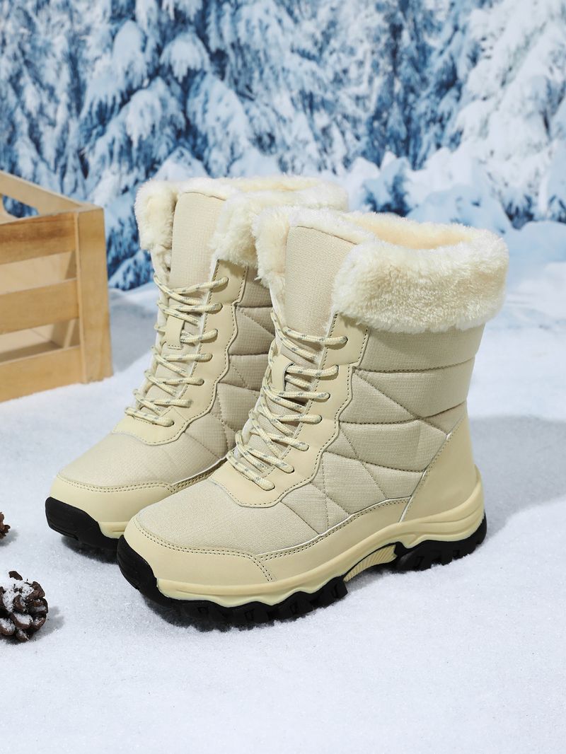 Zees 2024 Damen Winter-Skischuhe, warm mit Fleece gefüttert, hohe Schnürschuhe aus Baumwolle, rutschfest, Wanderschuhe_voghion.com