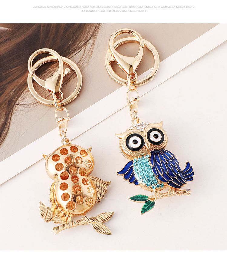 Portachiavi con ciondolo in metallo, piccolo regalo, accessorio per borsa da donna, a forma di gufo con goccia di olio e diamante._voghion.com