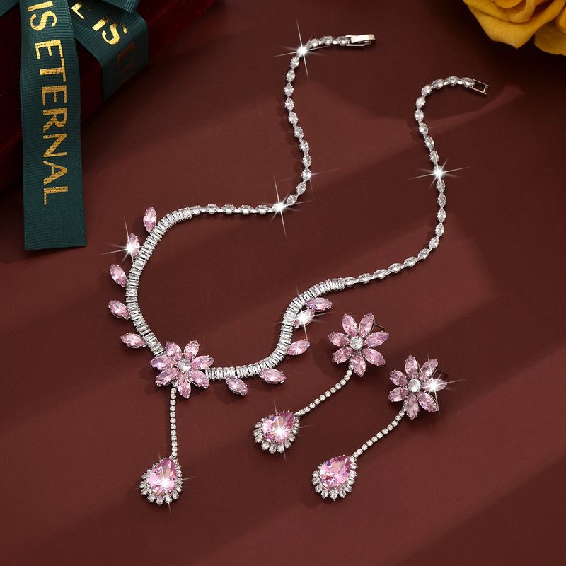 Women's Jewelry Set Fashion Trend Zircon Luxury Necklace Earrings Set Hot Style Wearing Skirt Pink Flower Tassel_voghion.com