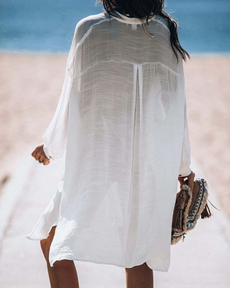 Women's Lightweight Chambray Shirt Cover-Up – Beach Dress, Swimwear Wrap, Sun Protection Top, Casual Loose Fit Tunic_voghion.com