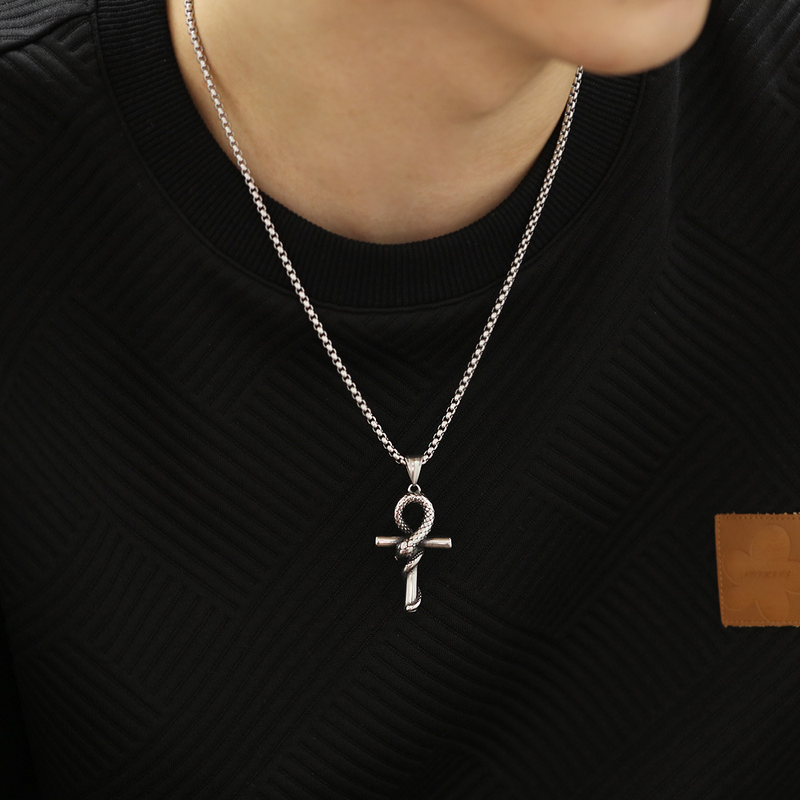 Manba Snake Cross Pendant Trendy Men's Personalized Titanium Steel Necklace_voghion.com