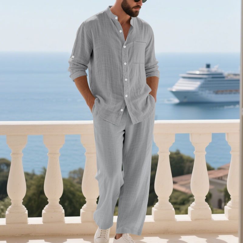 Camicia Henry a maniche lunghe, comoda e traspirante, in lino autunnale, da uomo, per la casa e la spiaggia_voghion.com