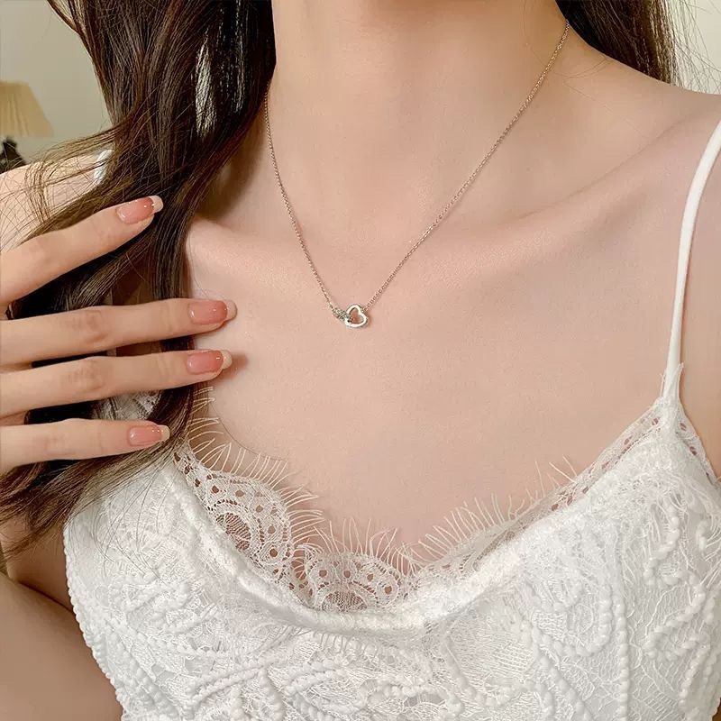Collana con doppio anello a forma di cuore Hear-o-Hear in argento puro, leggera, di lusso, di nicchia, con osso di bloccaggio, Natale e Capodanno_voghion.com
