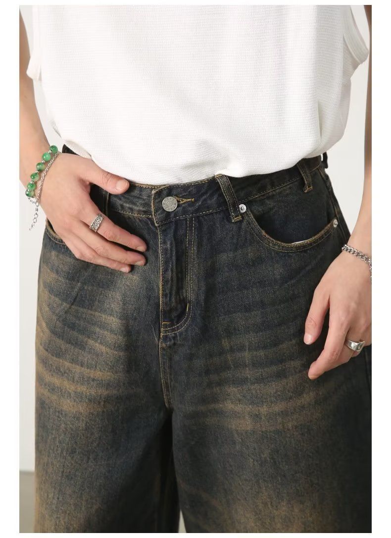 Herrenbekleidung Baggy Jeans Sommer Loose Silhouette Washed Retro Distressed Seven Point Straight Denim Shorts_voghion.com