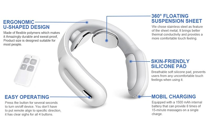Negozio di bellezza Massaggiatore con calore intelligente Cordless 3 modalità 15 livelli Smart Electric Pulse Ricaricabile Massaggio al collo_voghion.com