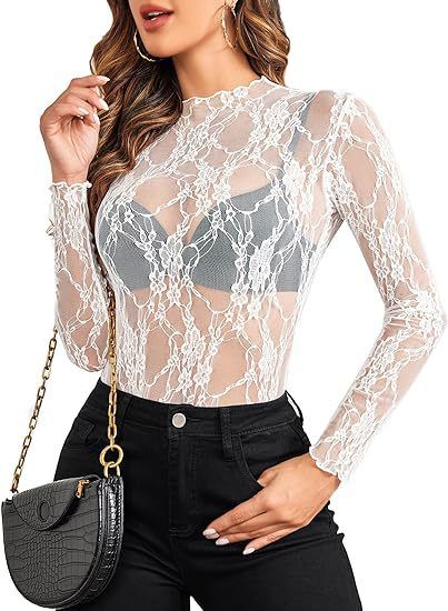 Top da donna, maniche lunghe, collo alto, camicia trasparente, top in pizzo floreale trasparente, hanno un vero colpo_voghion.com