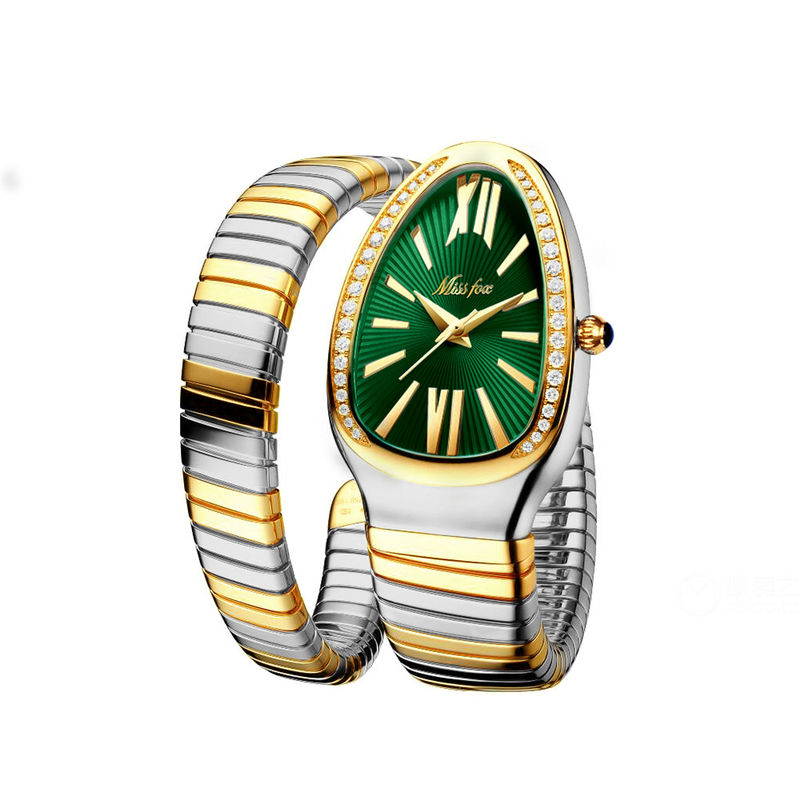 MISSFOX Reloj de pulsera con cabeza personalizada para mujer, de acero inoxidable, con diamantes y serpiente, a la moda_voghion.com