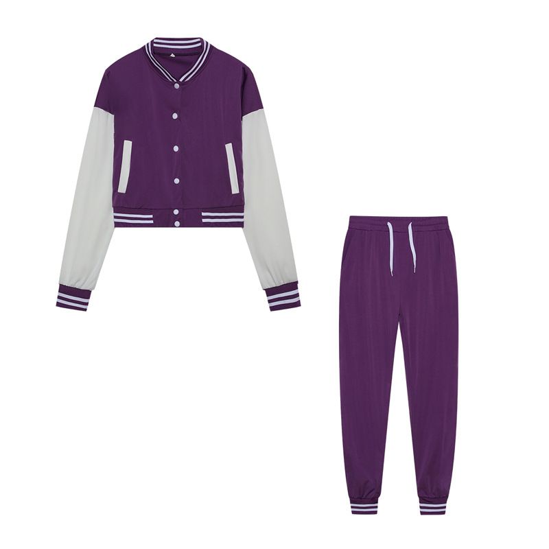 Patchwork Single-Breasted Baseball Jacket Women's Sports Two-Piece Set_voghion.com