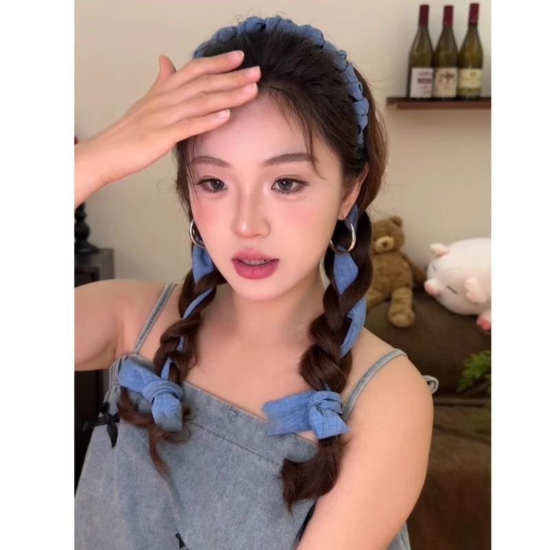 Cerchietto per capelli con corona alta intrecciata, estivo e fresco, nuovo, con nastro in denim, per donna_voghion.com