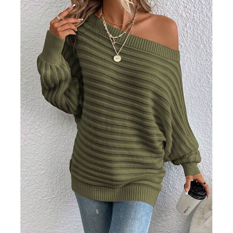 Eleganter Strickpullover mit Fledermausärmeln und U-Boot-Ausschnitt für Damen – weicher Acrylstoff, entspannte Passform, vielseitiger Pullover in Volltonfarbe für Herbst und Winter_voghion.com