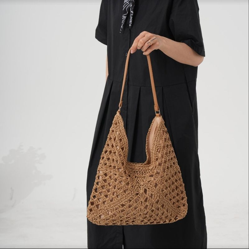 New Color-Block Summer Woven For Women Large Capacity Tote Straw Beach Single Shoulder Underarm Bag_voghion.com