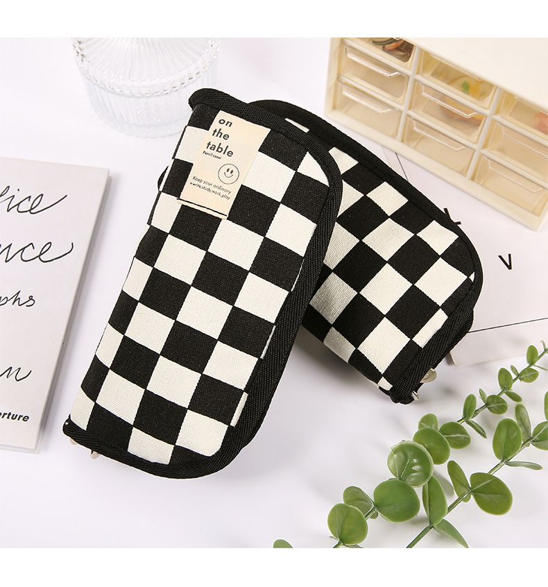 ins style black and white checkerboard pencil bag large capacity stationery bag canvas student simple high value pencil bag wholesale_voghion.com