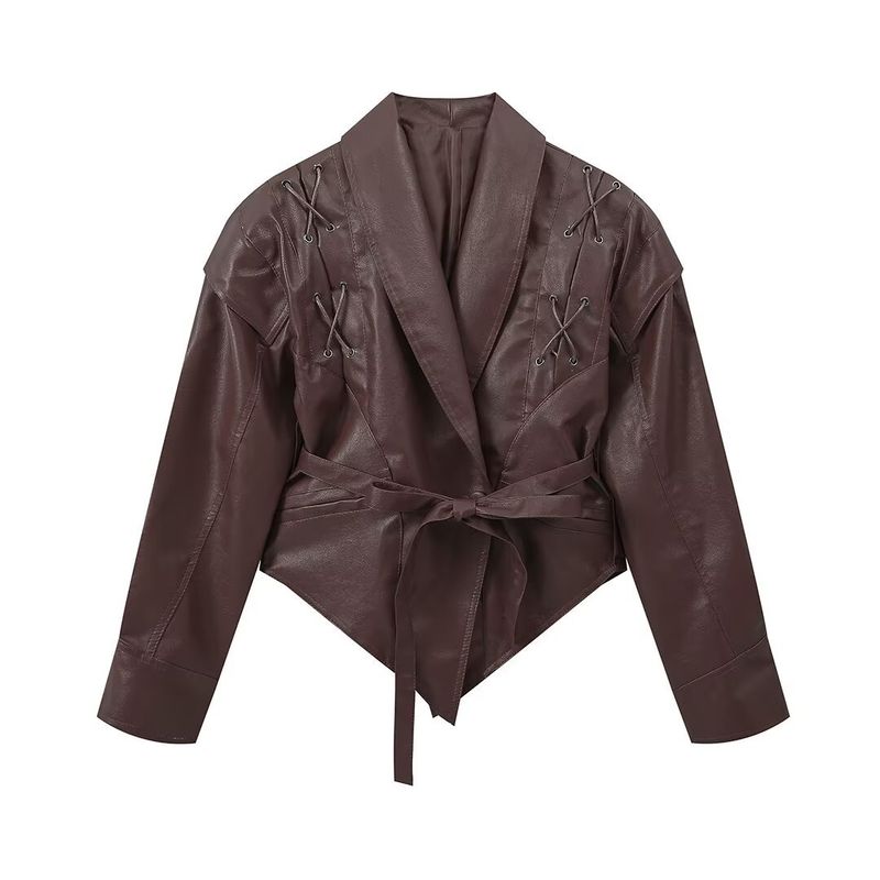 Giacca in pelle con cinturino in vita tinta unita stile motociclista a quattro colori moda autunnale da donna M6b271_voghion.com