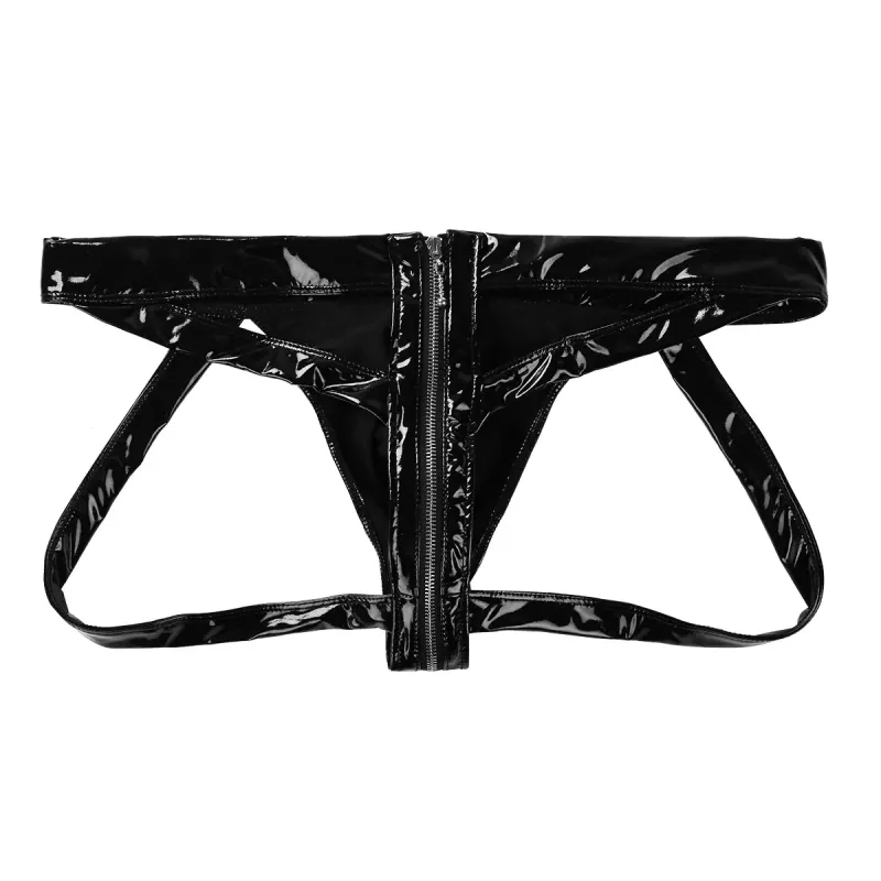 Sexy Mens Underwear WetLook Patent Leather Bfs Panties Butt Hollow Out Gay Jockstrap Zipper Open Crotch Bondage_voghion.com