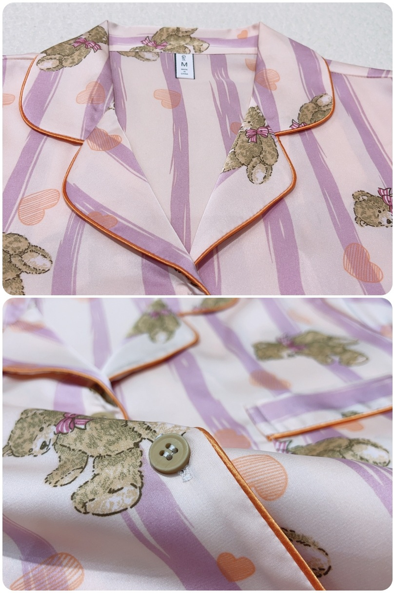 Pink Bear Sweetheart Ice Silk Pyjamas för kvinnor Söta tryckta tecknade långärmade hemkläder Populär stil_voghion.com