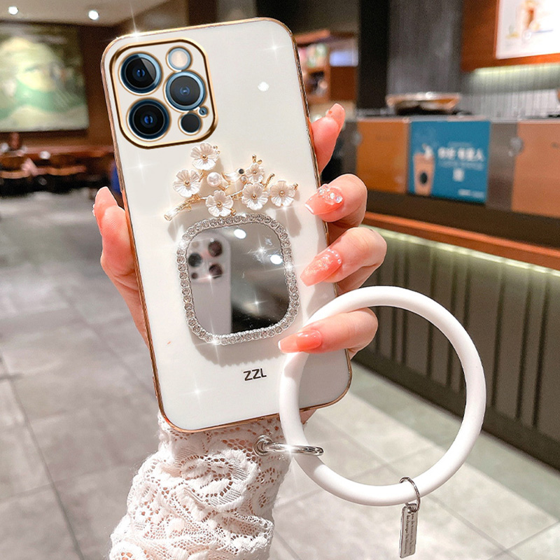 Plating Bracelet Case For Samsung A34 A54 A53 A32 A33 A22 A13 4G 5G A12 A73 A25 A31 A21S A14 Plum Flower Square Mirror_voghion.com