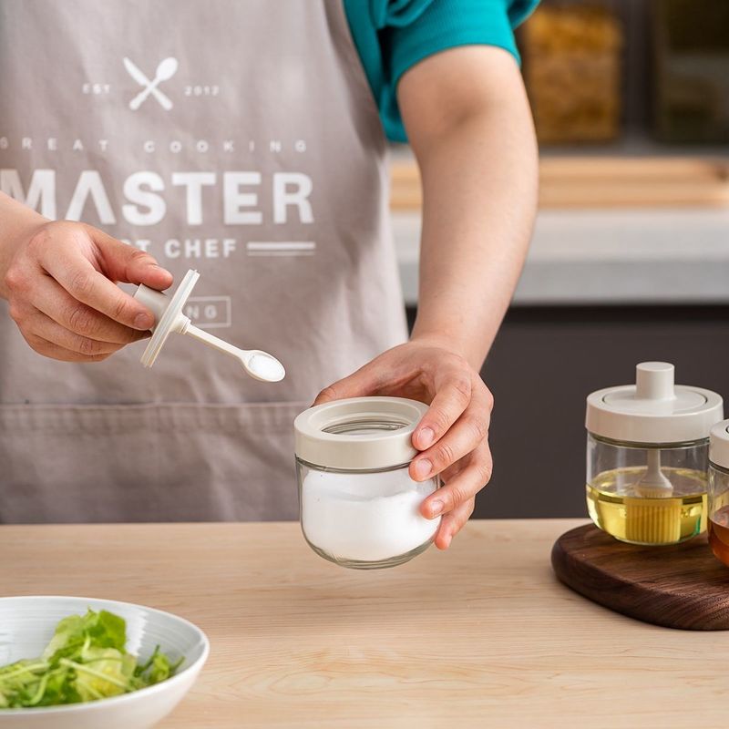 Barattoli per spezie in vetro, organizer per condimenti da cucina, bottiglia con cucchiaio, coperchio, pennello per olio, set di contenitori per salsa di soia e miele, saliera e pepiera_voghion.com
