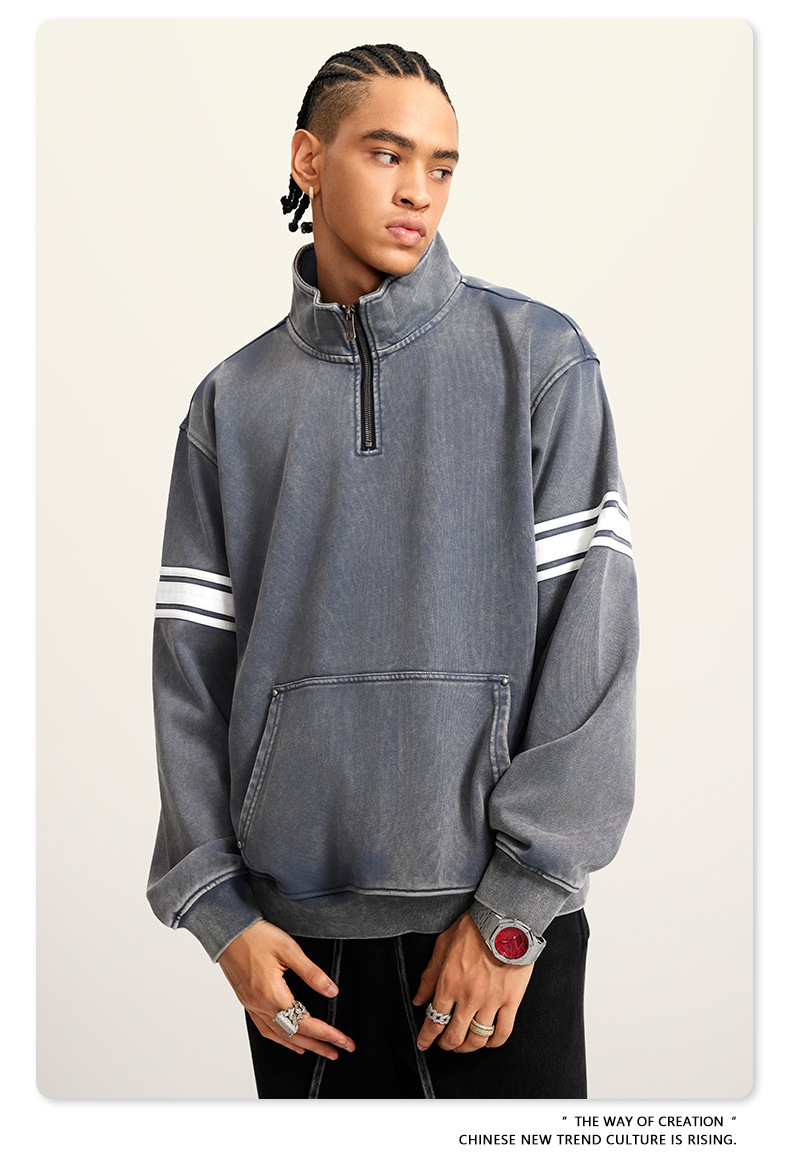 Herrenbekleidung: Verwaschenes, halbgeschnittenes Kapuzenpullover-Oberteil mit Rollkragen und lässigem Stil_voghion.com