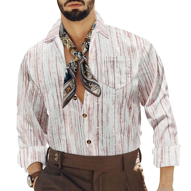 Camicia a maniche lunghe con tasca a righe e stampa tie-dye casual da uomo, nuova primavera 2025_voghion.com
